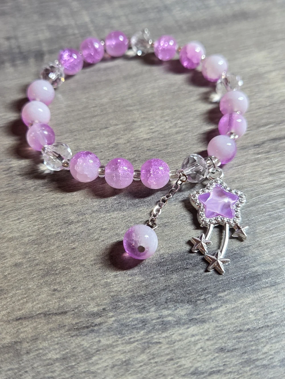 Silver Star Charm Lavender Beaded Bracelet